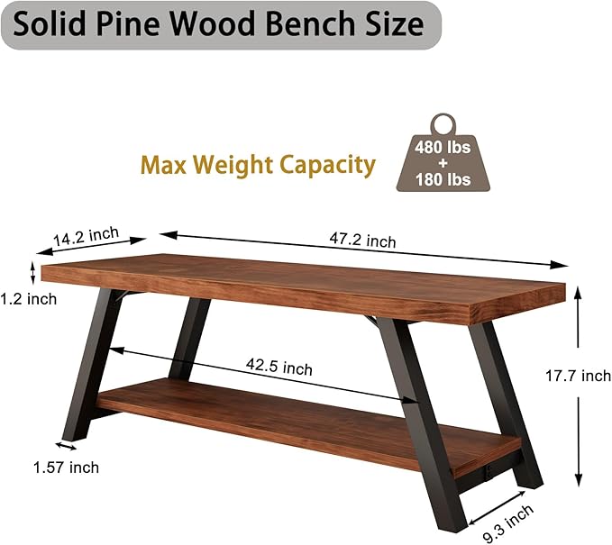 IBF Natural Real Wood Entryway Bench, Solid Wood Storage Bench, Industrial - Image 2