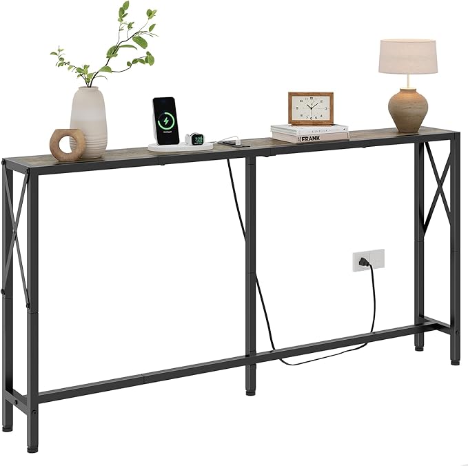 Sofa Table with Oulets and USB Ports, 55.1" Couch Table Behind Sofa, Industrial by Gewudraw