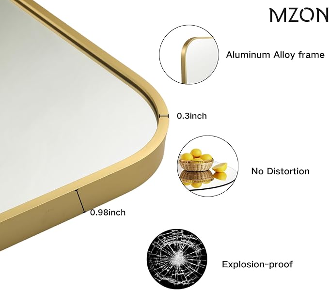 MZON 30x36 Inch Large Brushed Gold Vanity Mirror, Rectangle Bathroom Mirrors - Image 3