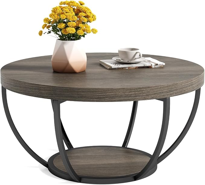 LITTLE TREE Round Coffee Table, 2-Tier Wood Accent Center Table by LITTLETREE
