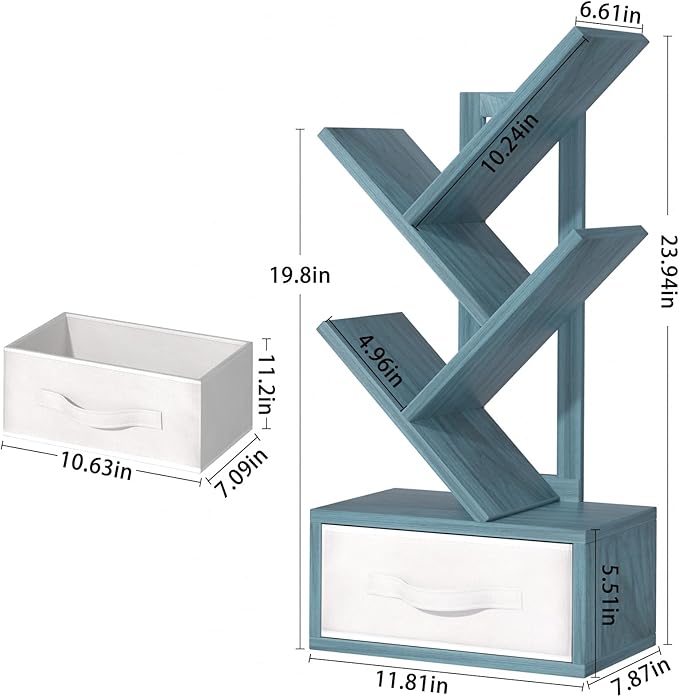 Small Book Shelf with Drawer, 4 Tier Black Tree Bookshelf, Modern Desk Display - Image 3