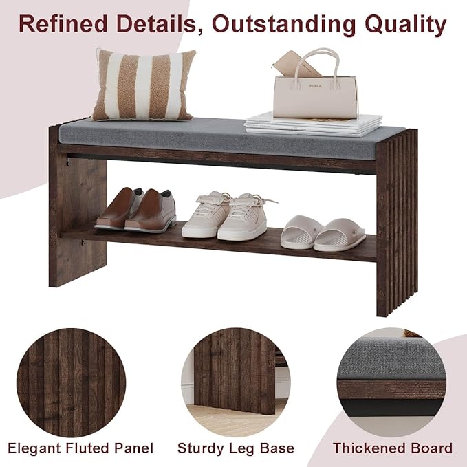 BON AUGURE Entryway Bench with Shoe Storage, 2-Tier Shoe Rack Bench with Cushion - Image 4