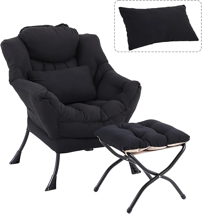 Lazy Chair with Ottoman, Modern Accent Chair with Lumbar Pillow, Comfy Chairs by DreamNookCozyLivingThoughtfulDesign