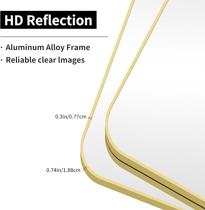 55x30 Inch Gold Bathroom Mirror, Metal Framed Gold Rectangle Mirrors, Rounded - Image 9