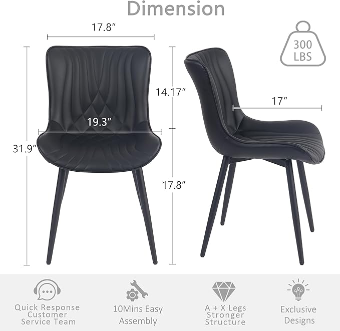 Kidol & Shellder Black Dining Chairs Set of 2, Faux Leather Upholstered Mid - Image 3