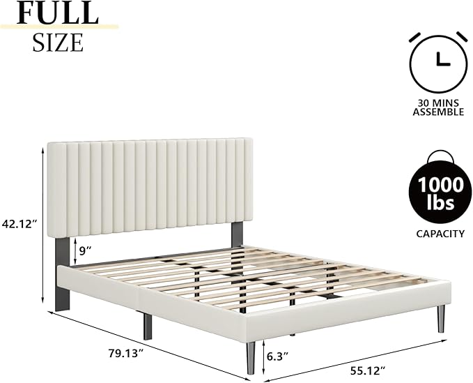 Full Size Bed Frame with Velvet Upholstered Headboard, Platform Bed with Strong - Image 2