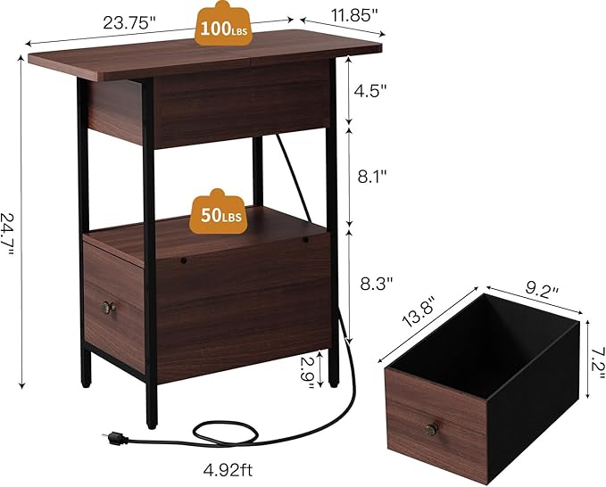 SOOWERY End Table with Charging Station, Narrow Side Table with Flip Top - Image 3
