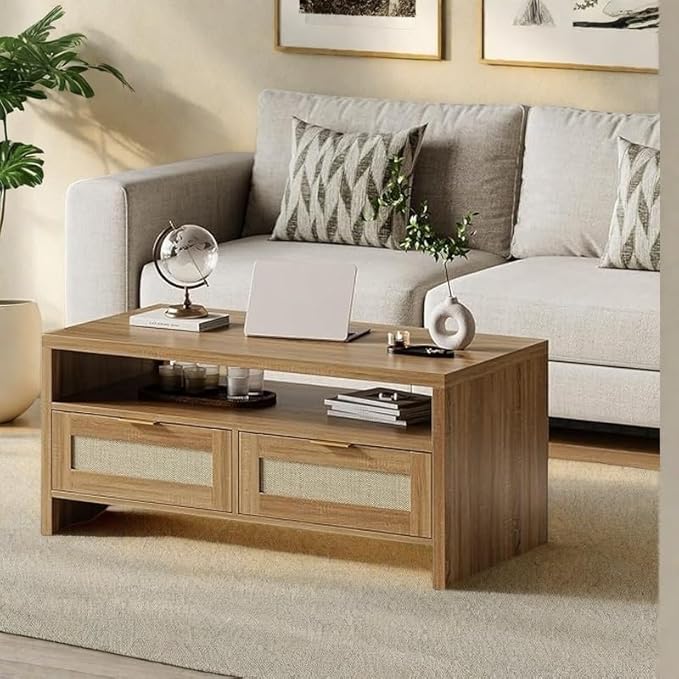 2 Tiers Boho Coffee Table with Storage, 40” Mid Century Rattan Console Table - Image 3