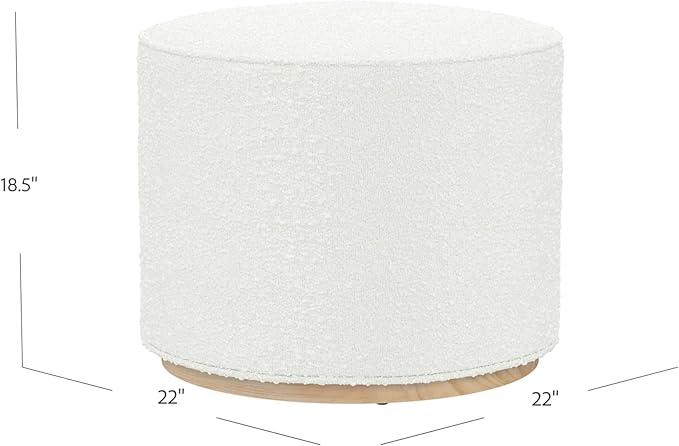 Bouclé Ottoman with Wooden Base – 22” Round Upholstered Footrest, Cream - Image 3