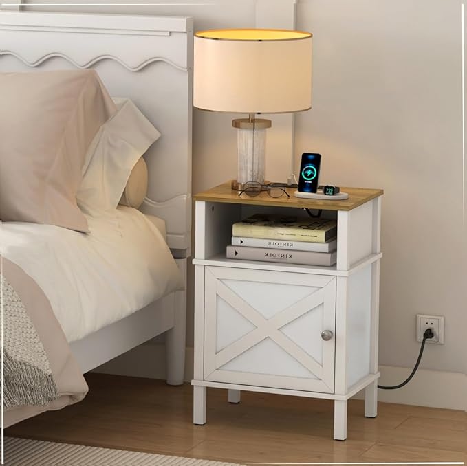 Farmhouse Nightstand with Charging Station, End Table with Storage, Night Stand - Image 5