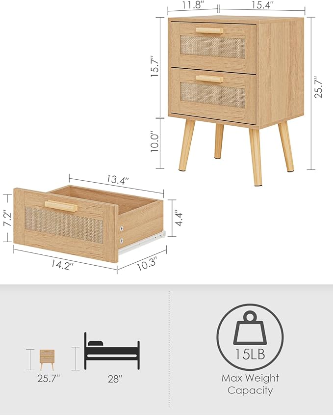Masupu Rattan Night Stand, Modern nightstand Boho Bedside Table - Image 2