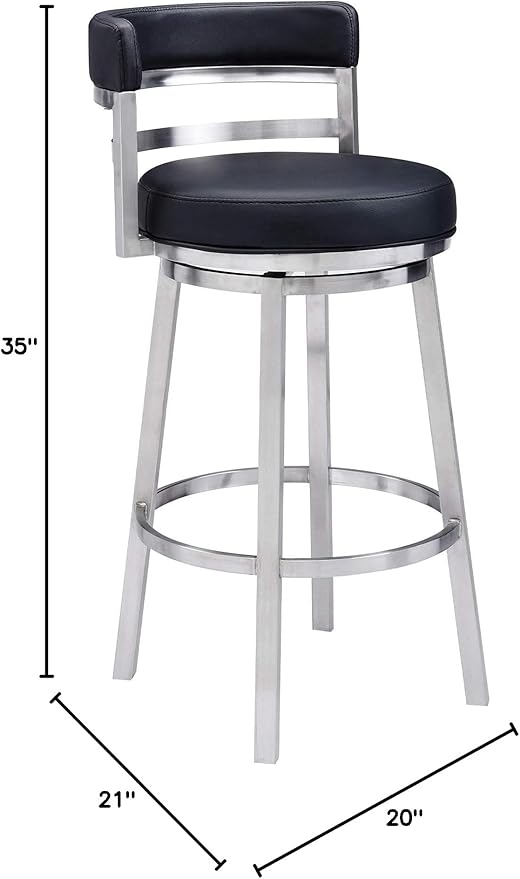 Armen Living Madrid 26" Seat Height Swivel Modern Black Faux Leather and - Image 2