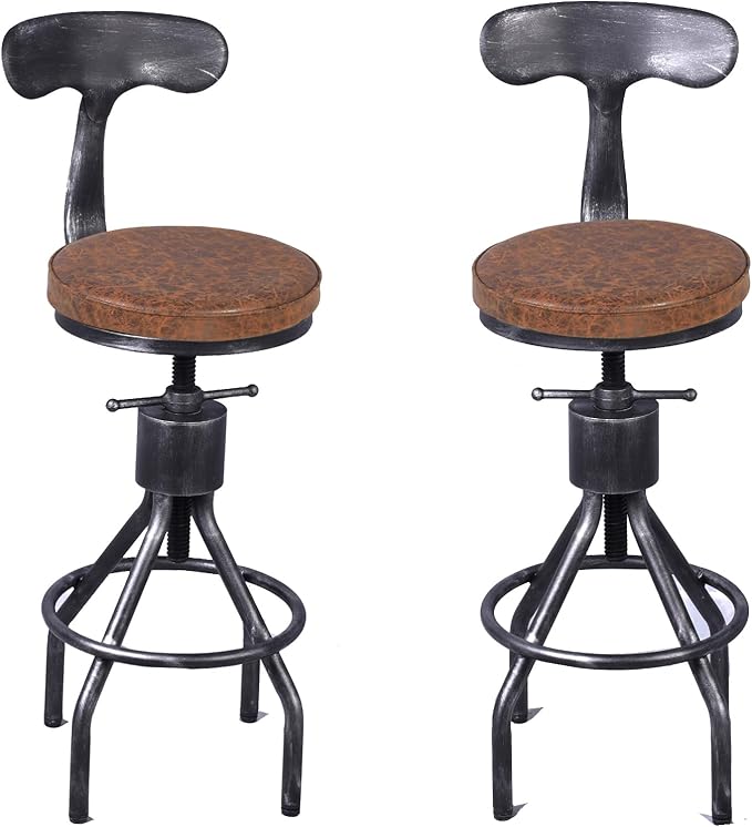LOKKHAN Set of 2 Industrial Leather Bar Stools-Adjustable Swivel Metal Bar by LOKKHAN