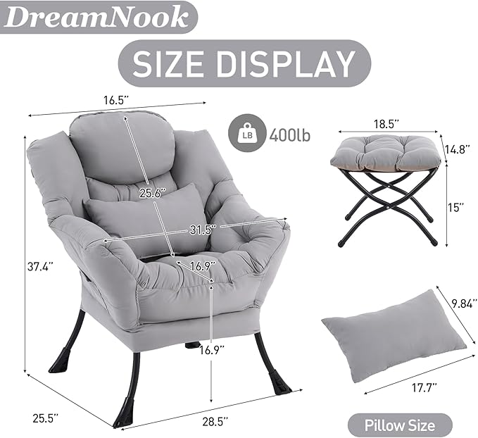 Lazy Chair with Ottoman, Modern Accent Chair with Lumbar Pillow, Comfy Chairs - Image 2
