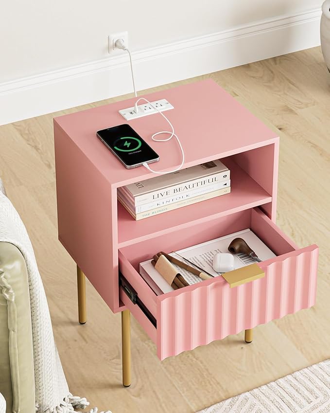 Masupu Nightstand with Charging Station, Mid-Century Modern Bedside Table with - Image 4