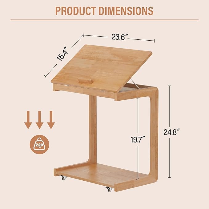 CozyDH Adjustable C Shaped End Table, Rolling Side Table Solid Wood TV Sofa - Image 2