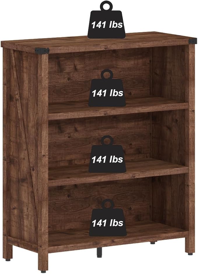 BON AUGURE Rustic Short Bookshelf, 3 Shelf Bookcase, Small Wood Low Book - Image 5