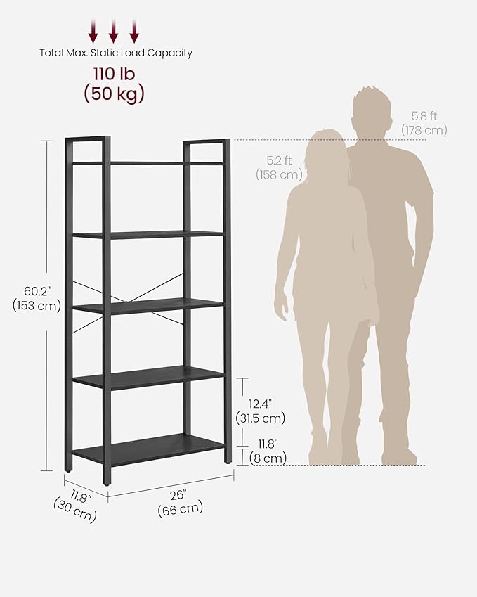 VASAGLE 5-Tier Bookshelf, Bookcase - Image 3