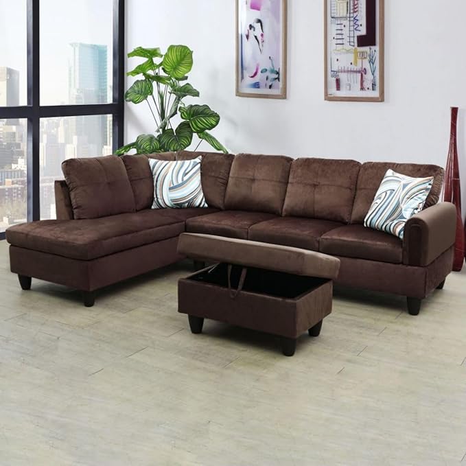 Chocolate L-Shaped 3-Piece Flannel Sofa by Unknown