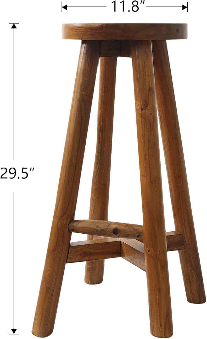 Bar Stool with Round Seat for Kitchen Island Counter, Solid Teak Wood Barstool - Image 3