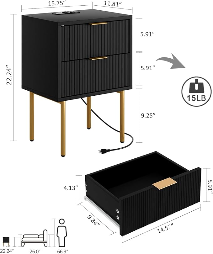 Masupu Nightstand with Charging Station, Mid-Century Modern Bedside Table with - Image 2