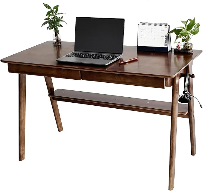 Oak Desk with Drawers, Solid Wood Desk with Bookshelf Small Computer Desk by BuyUp