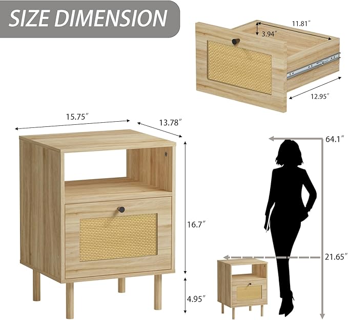 Rattan Nightstand with Storage Boho Modern Farmhouse Bedside Table with Drawer - Image 3