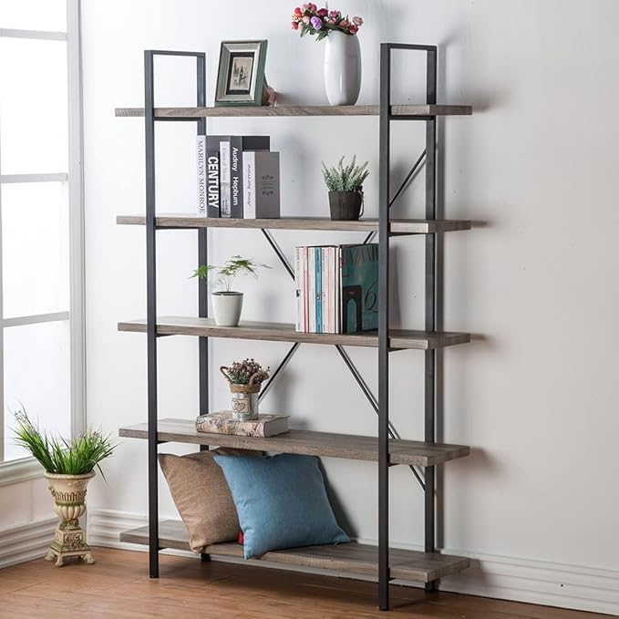 HSH 5-Shelf Vintage Industrial Rustic Bookshelf, 5 Tier Wood and Metal Bookcase by HOMESWEETHOME