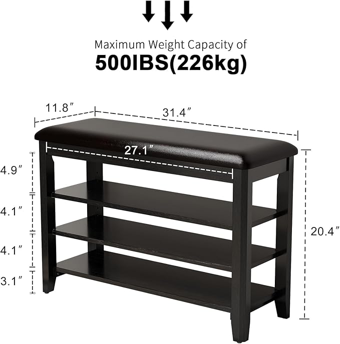 Shoe Bench with Leather Cushion, 3 Tiers Shoe Storage Bench Height Adjustable - Image 2