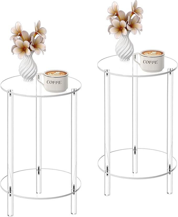 HMYHUM Acrylic Round Side Table Set of 2, 11.8" L x 11.8" W x 20.2" H, 2-Tier by HMYHUM