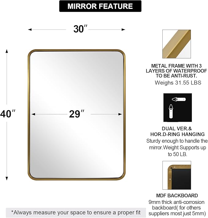 ANDY STAR Brushed Gold Mirror 40''X30'', Wall Mounted Horizontal/Vertical 1’’ - Image 2
