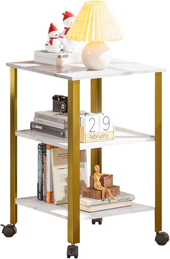 Side Table, End Table with Wheels, Printer Stand with 3-Tier Storage, Bedside by AoLei
