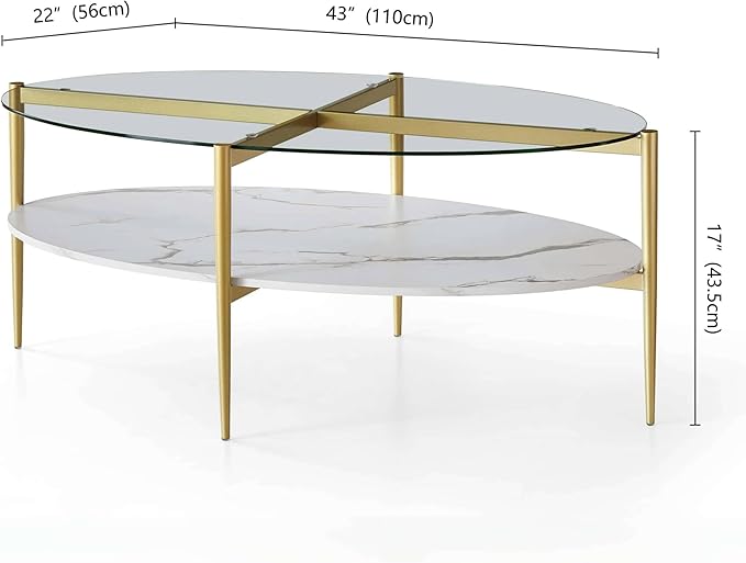 Oval Glass Coffee Table, Mid-Century Modern Design, L43 x W22 x H17 inch - Image 2