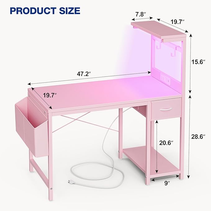 Gaming Desk 47 Inch with Power Outlet and LED Light, Computer Desk with - Image 3