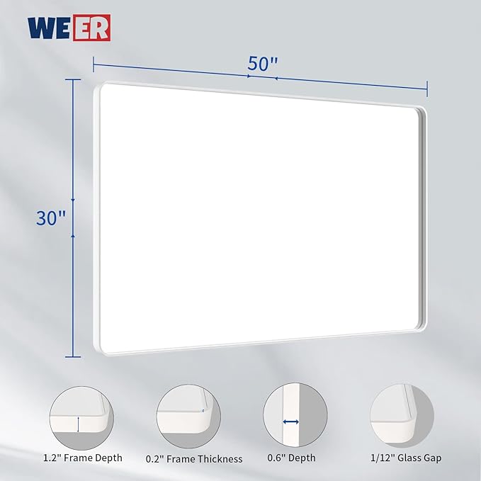 WEER White Bathroom Mirror 50X30 Inch, Rounded Rectangle White Metal Frame - Image 6