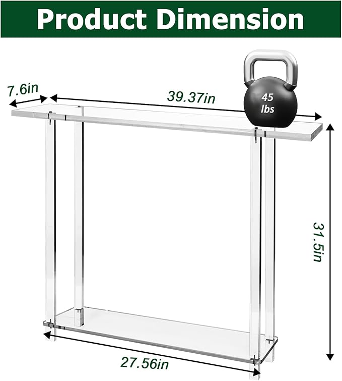 Acrylic Narrow Console Table for Entryway 7.6" D x 39.4" W x 31.5" H Clear - Image 3