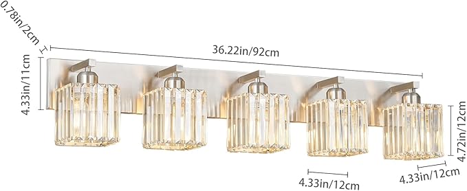 Modern Vanity Light 5-Lights Brushed Nickel Vanity Light Crystal Bathroom Wall - Image 5