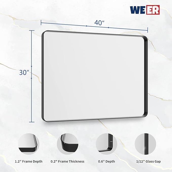 WEER Black Bathroom Mirror, 40X30 Inch Rectangular Black Metal Framed - Image 6