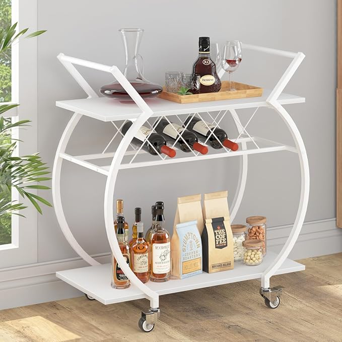 LVB White Bar Cart, Modern Rolling Serving Wine Cart by LVB