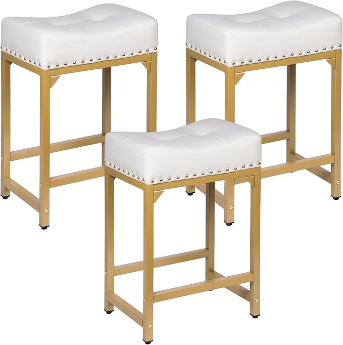 White & Gold Counter Height Bar Stools Set of 3, Modern Counter Stool Set of 3 by FLYZC