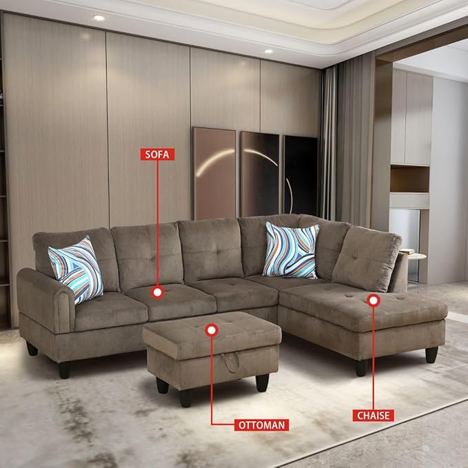 Brown L-Shaped 3-Piece Corduroy Sofa - Image 3