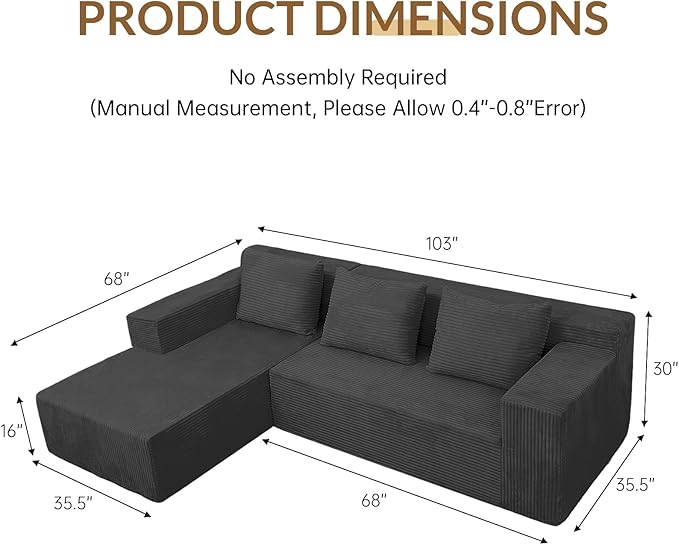 ANONER 103" Modular Sectional Sofa, L-Shaped Cloud Couch - Image 2