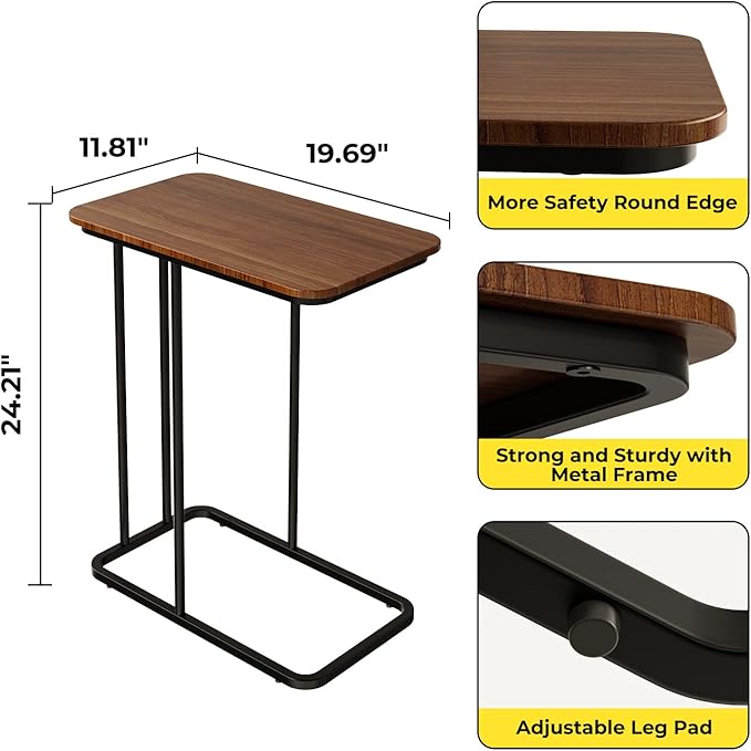 C Shaped Side Table, Small End Table MDF Black Walnut Coffee Table, Modern - Image 2