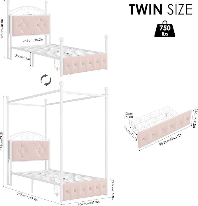 Twin Upholstered Canopy Bed Frame - Image 2