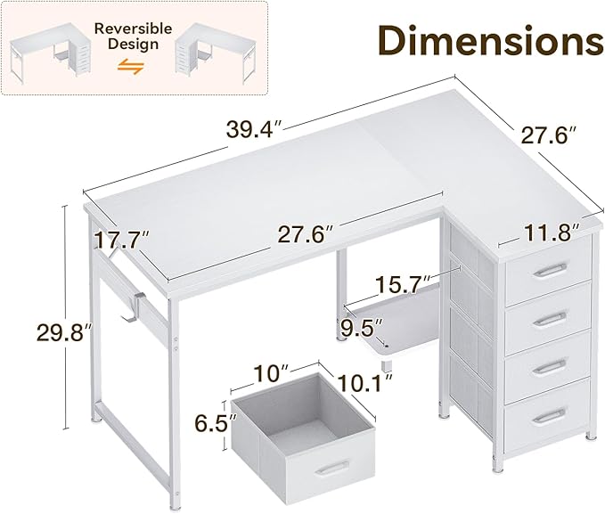 Casaottima L Shaped Desk with 4 Drawers, Reversible Kids Study Desk with CPU - Image 3