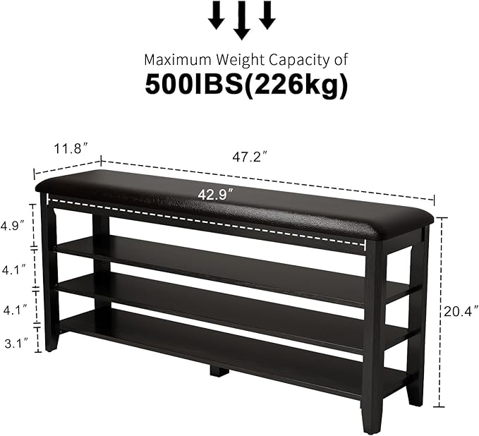 Shoe Bench with Leather Cushion, 3 Tiers Shoe Storage Bench Height Adjustable - Image 2