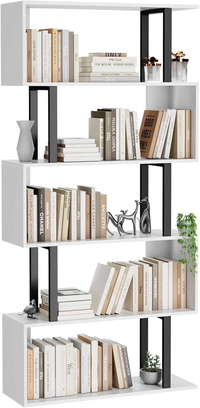 Gadroad 5 Tier Geometric Bookcase, S Shaped Bookshelf, Wood Decorative Storage by Gadroad