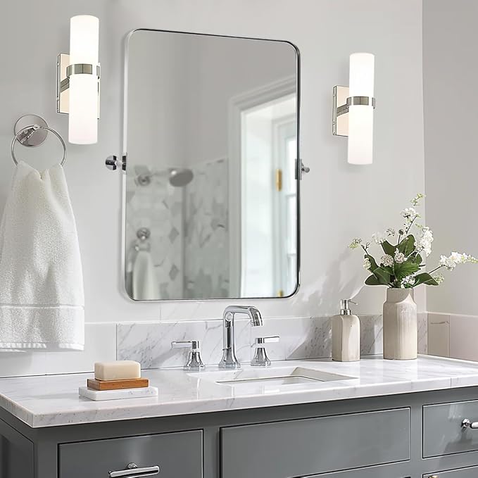 MOON MIRROR Chrome Pivot Rectangle Bathroom Mirror, Modern Tilt Rounded by MOONMIRROR