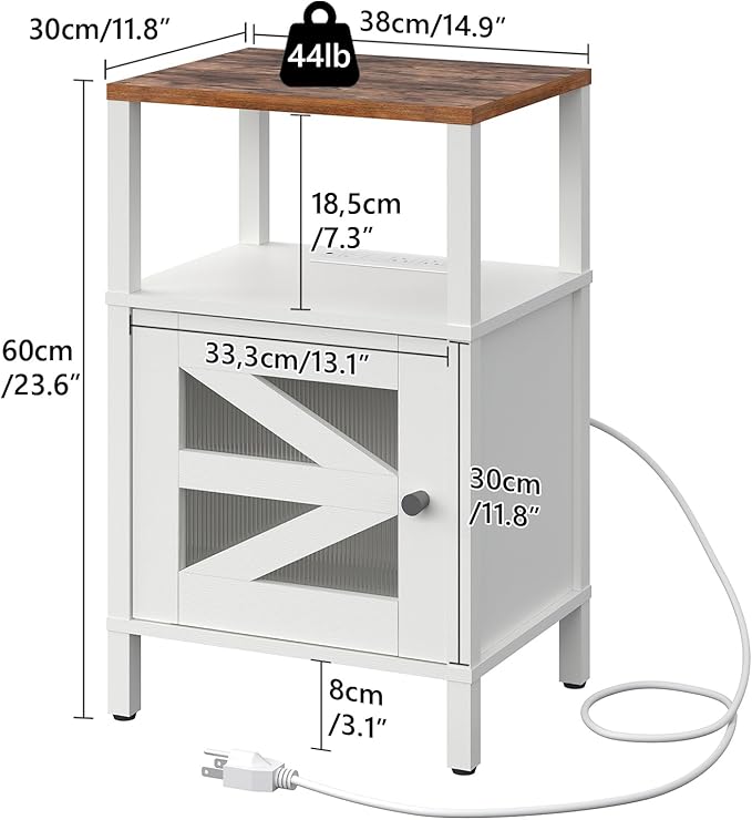 Farmhouse Nightstand with Charging Station, End Table with Storage, Acrylic Door - Image 3