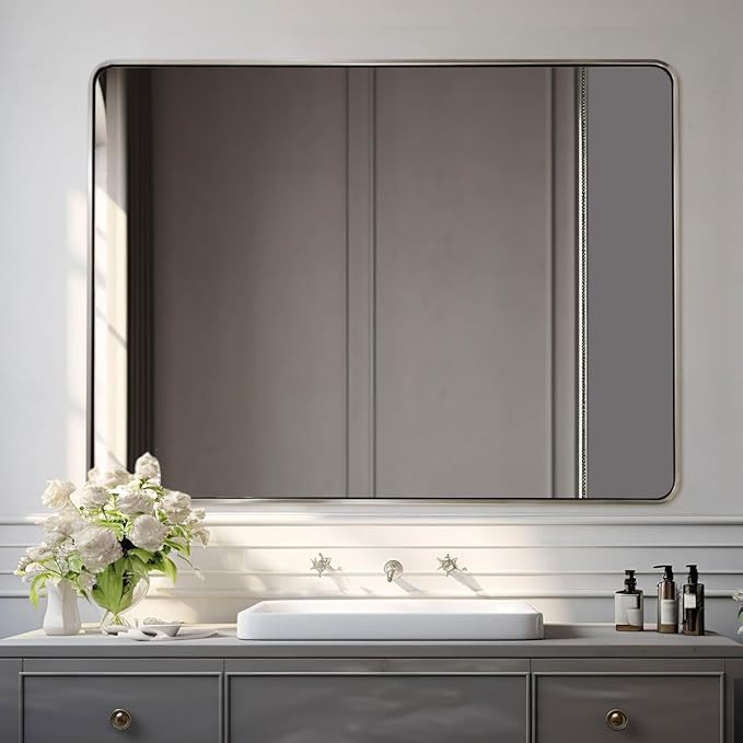 ANDY STAR 48x32 Inch Brushed Nickel Bathroom Mirror, Rounded Rectangle Bathroom - Image 8